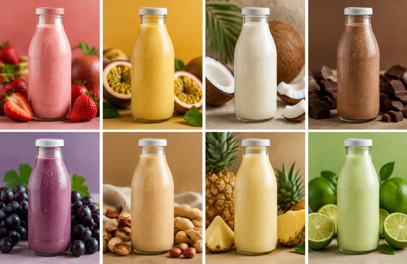 Oito sabores variados de batidas em garrafas