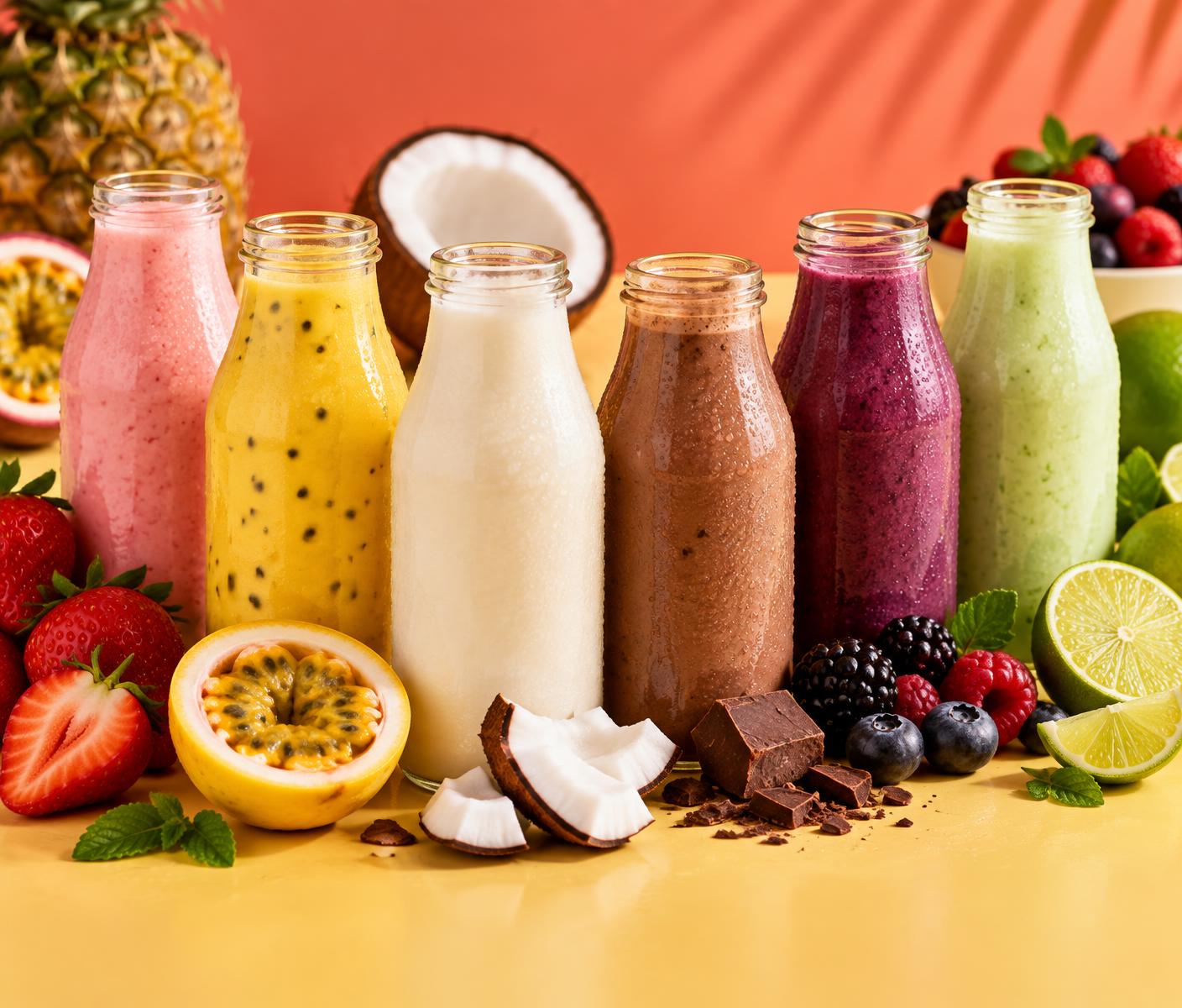 Seis sabores de batidas coloridas em garrafas